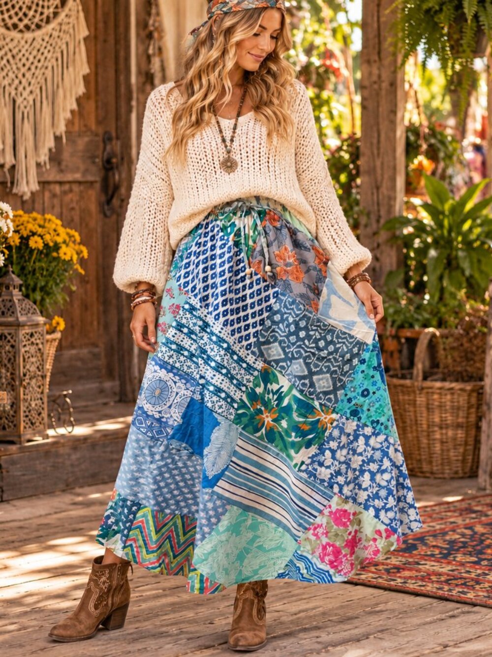 NWT Cotton Oblique Patchwork Drawstring Skirt-Small